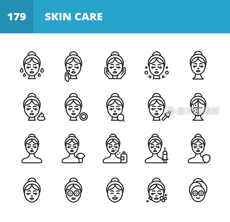 Skin Care Line Icons. Editable Stroke. Pixel Perfect. For Mobile and Web. Contains such icons as Skin Care, Spa, Cosmetics, Wellness, Make Up, Hygiene, Moisturizer, Dermatology, Lifting, Bath, Face Mask, Detox, Peeling, Surgery, Wrinkle, Soap, Perfume.